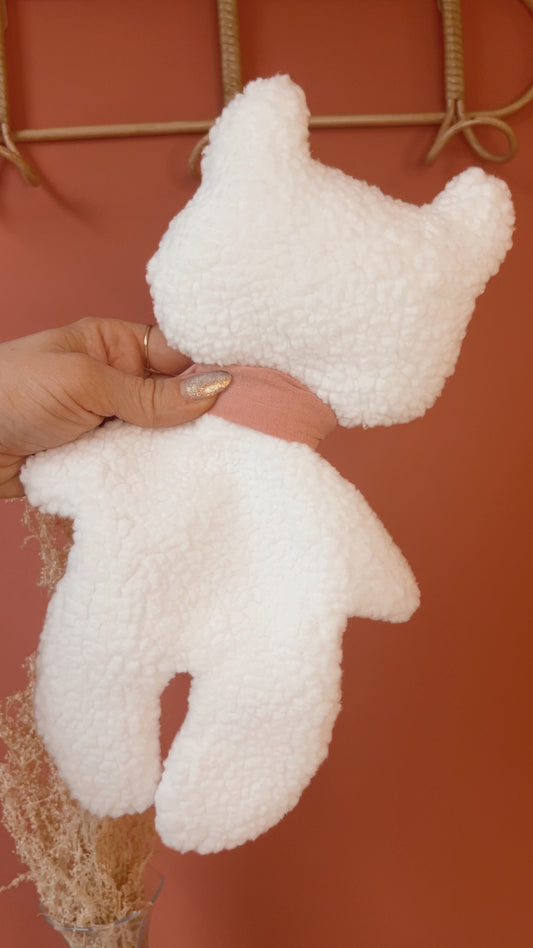 Doudou plat renard en Sherpa lait et gaze de coton à motifs.