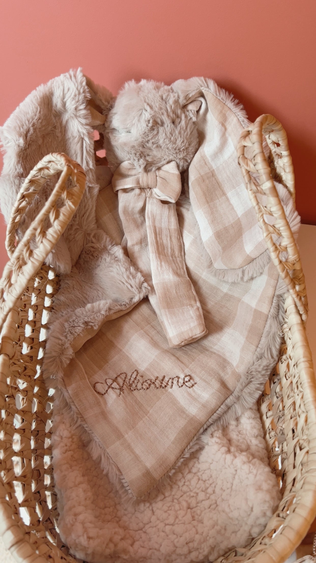 Doudou lapin lange en Fourrure taupe - Vichy Nude & beige