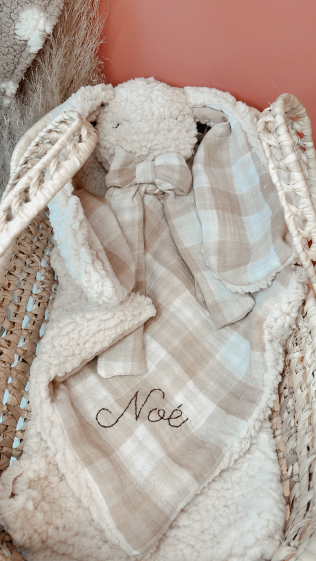 Doudou lapin lange en Sherpa ivoire - Vichy Nude & beige