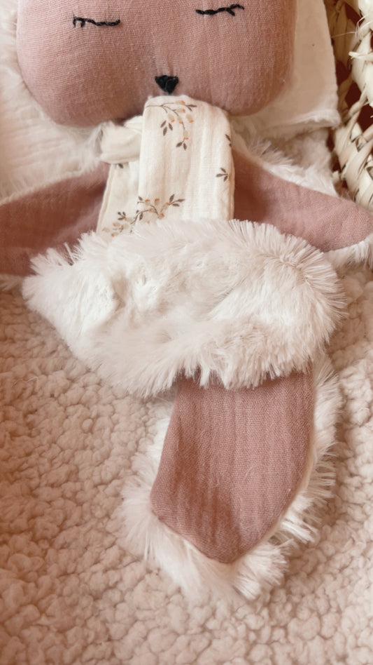 Doudou plat renard en fausse fourrure écru et gaze de coton uni certifié Oeko-tex