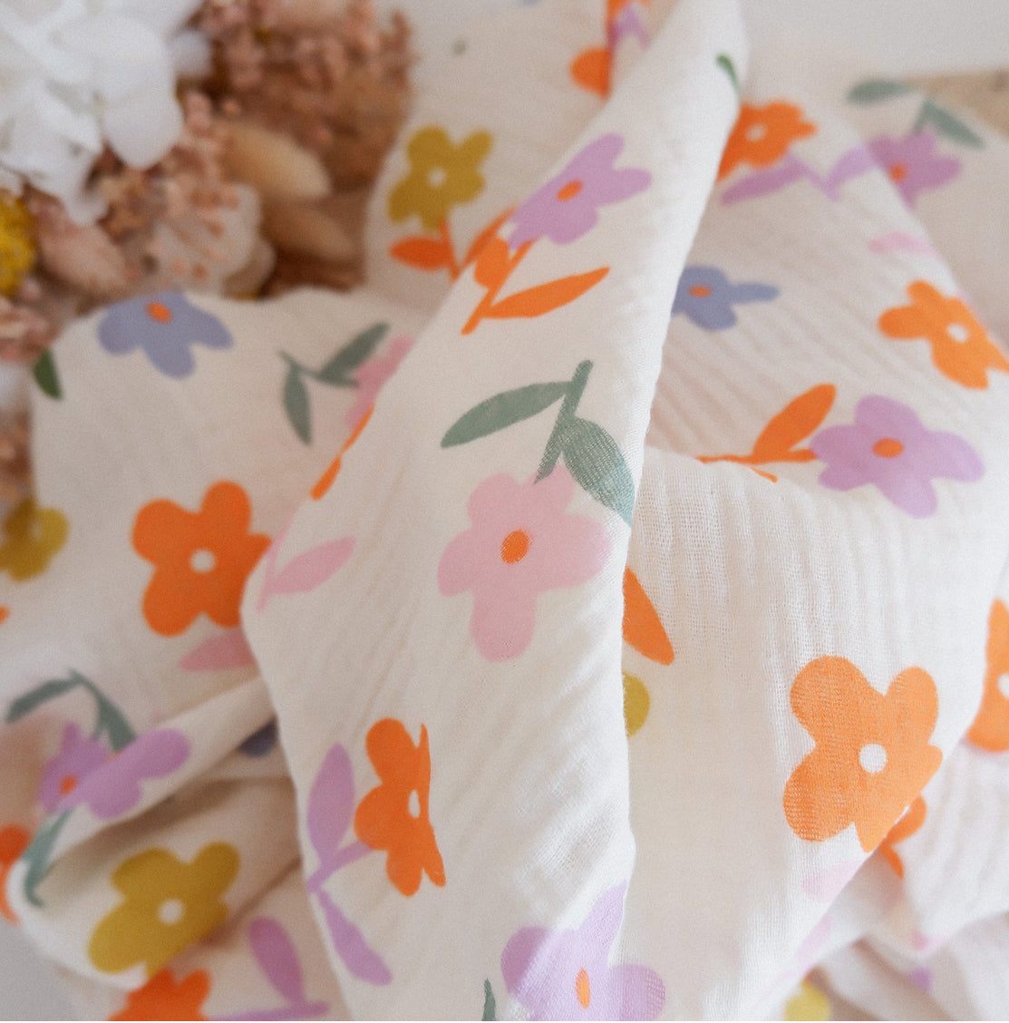 Doudou lange – Double gaze de coton aux couleurs d'été et fausse fourrure Extra douce