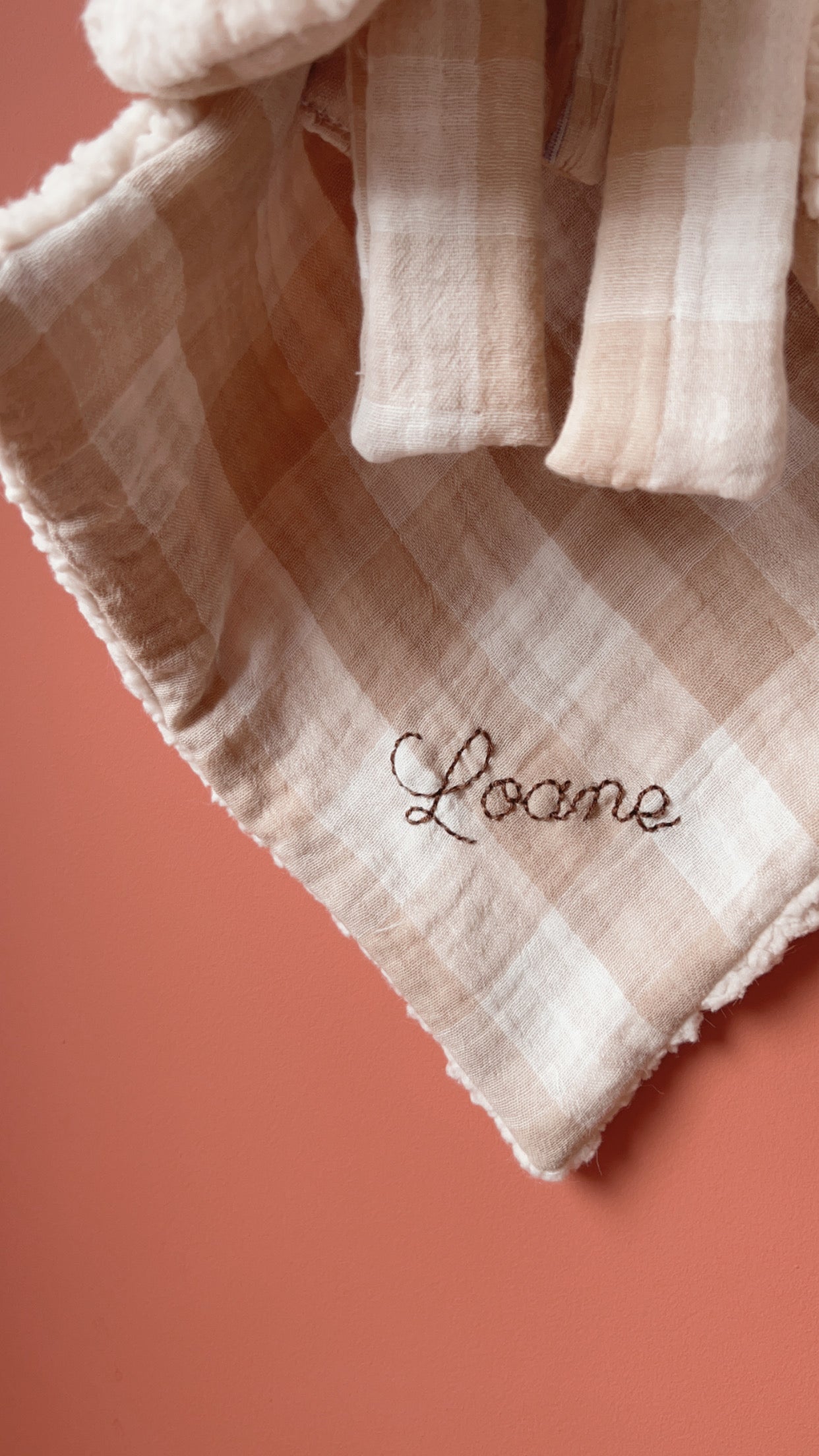 Doudou lapin lange en Sherpa ivoire - Vichy Nude & beige