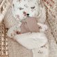 Doudou plat renard en fausse fourrure écru et gaze de coton à motifs certifié Oeko-tex