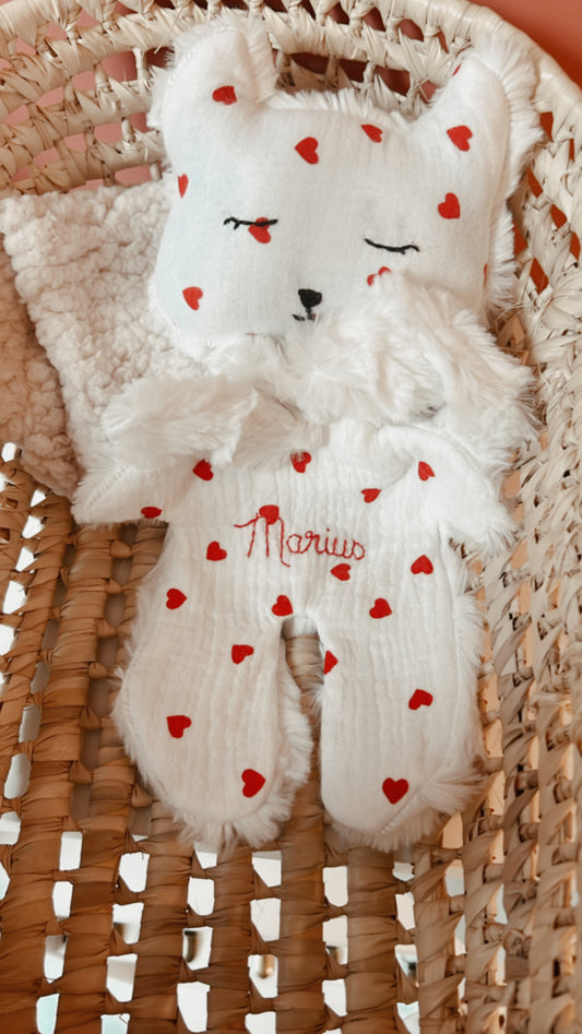 Doudou plat renard en fausse fourrure - Petits cœurs - L atelier Oz et fee