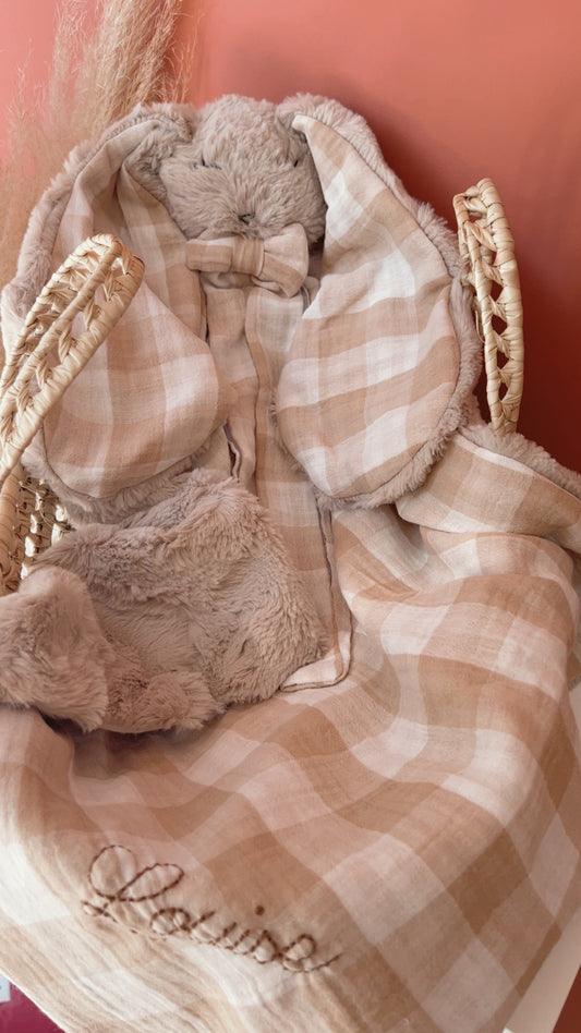 Doudou lapin lange en Fourrure taupe - Vichy Nude & beige